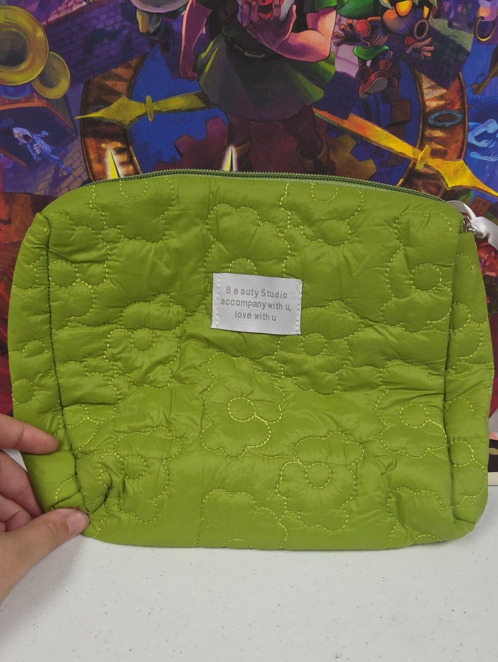 Green Quilted Floral Cosmetic Pouch